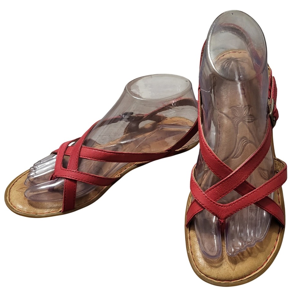 Born Red Leather Strappy Sandals Ankle Buckle Flat Comfort Shoes 7 Cushioned